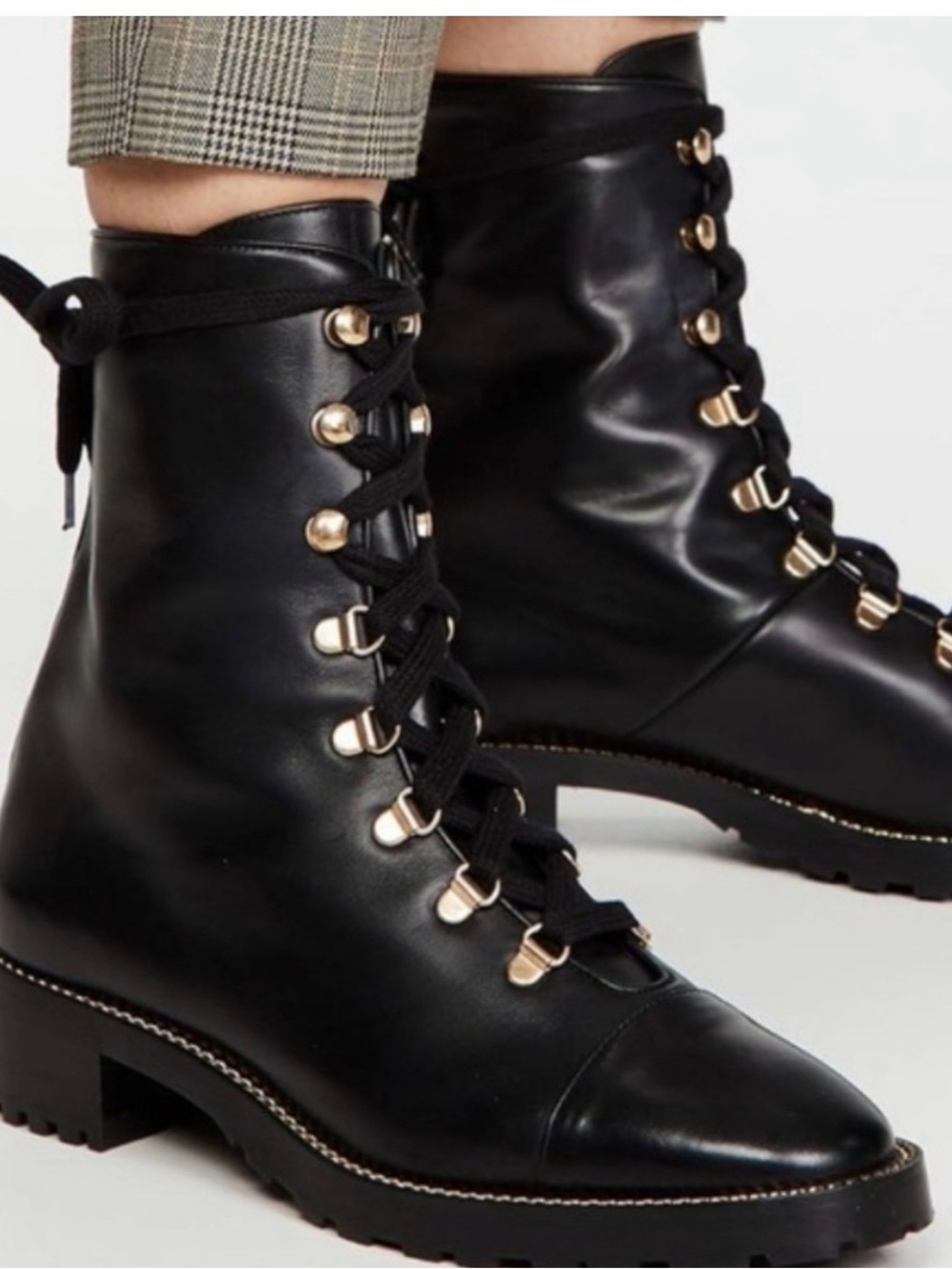 Brand new Stuart Weitzman Black Leather Lace-Up Combat Boots with Gold Hardware - Picture 2 of 9
